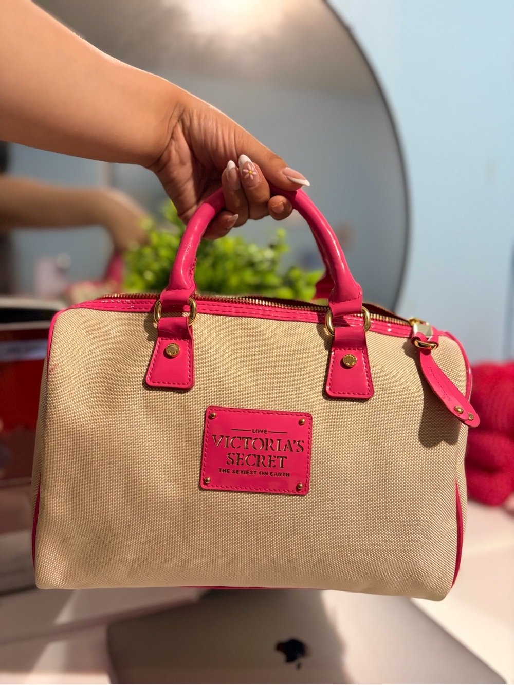 Y2K vintage Victoria's Secret Beige Satchel with Hot Pink Trim